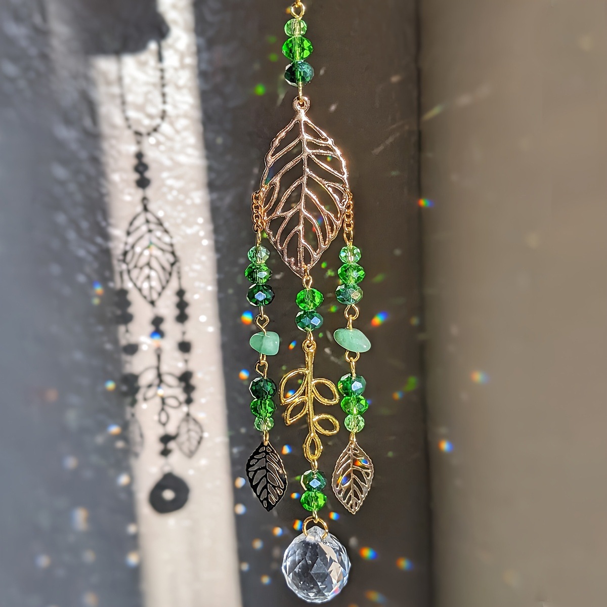 Crystal Ball Decor - Green Crystal Suncatcher Hanging Ornament, Gold