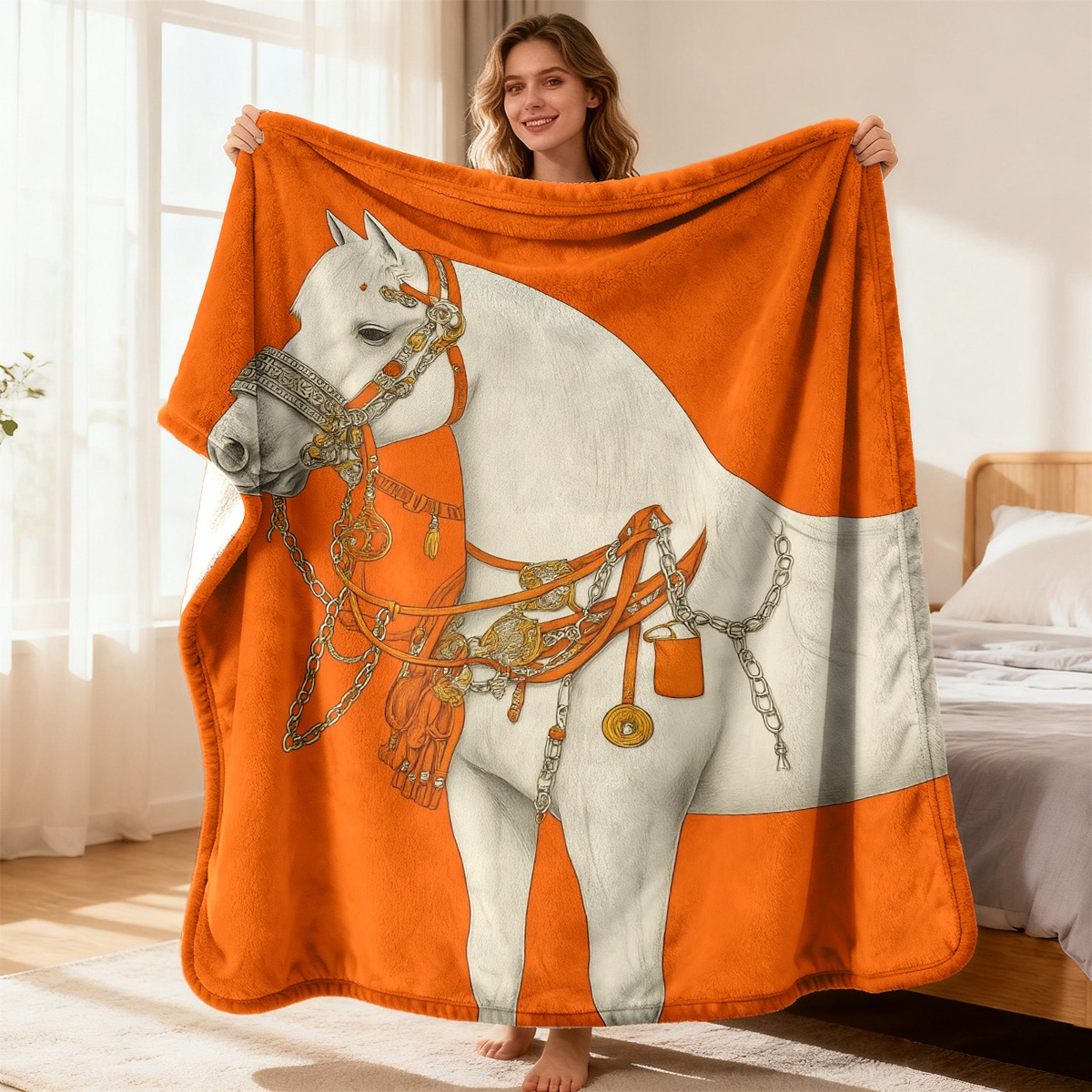 Cashmere Throw Blanket - White Horse Fleece Blanket Equestrian Print